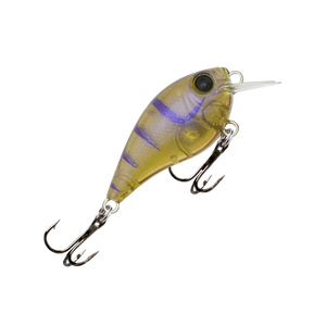 Fishing lure with a clear body and purple stripes on a white background