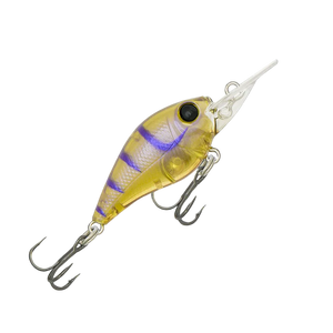 Yellow and purple fishing lure with treble hooks on a white background