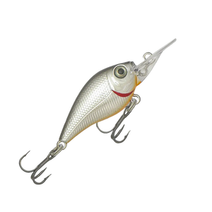 Fishing lure with a silver body and red stripe on a white background
