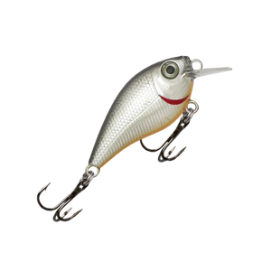 Fishing lure with a silver and red body on a white background